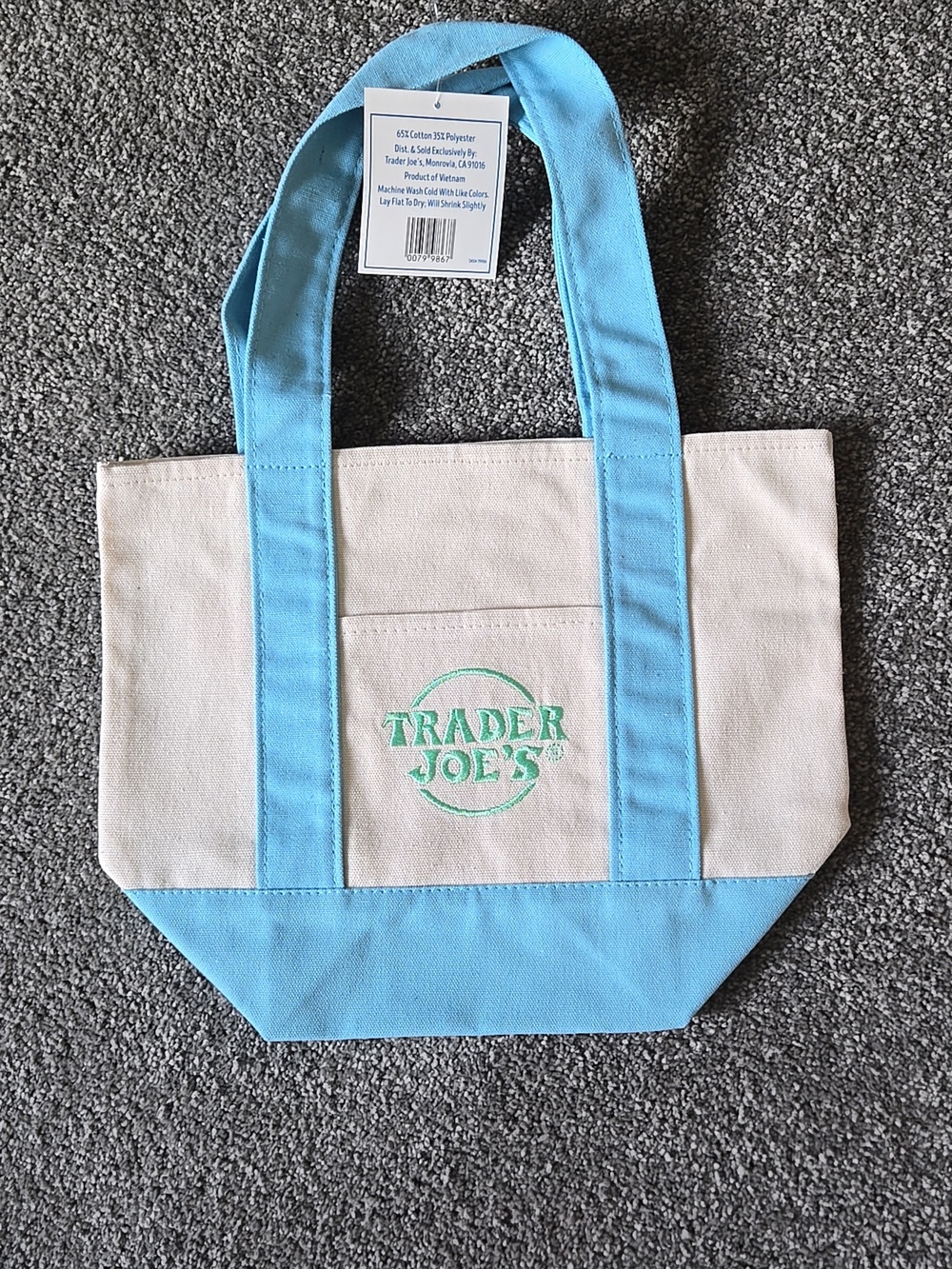 Trader Joe's Mini Pastel Canvas Tote Bag - Cream with Light Blue Trim - Picture 2 of 4